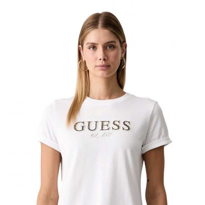 GUESS WOMAN T SHIRT LEOPARD LOGO WHITE