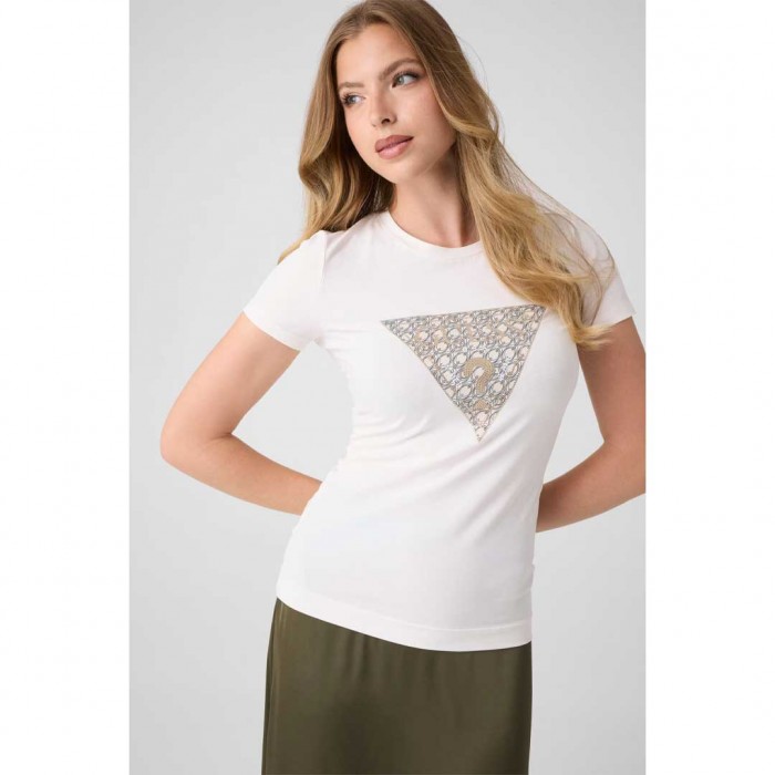 GUESS WOMAN LOGO TRIANGLE T SHIRT WHITE 1