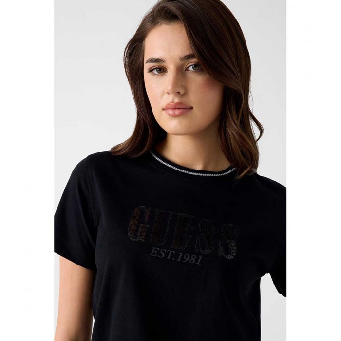 GUESS WOMAN T SHIRT LOGO STRAS BLACK