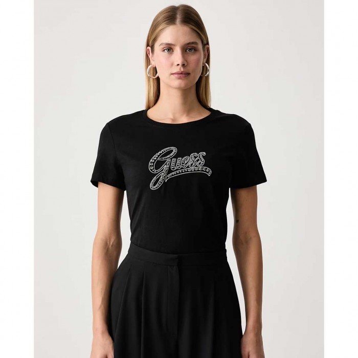GUESS WOMAN T SHIRT LOGO STRAS BLACK 1