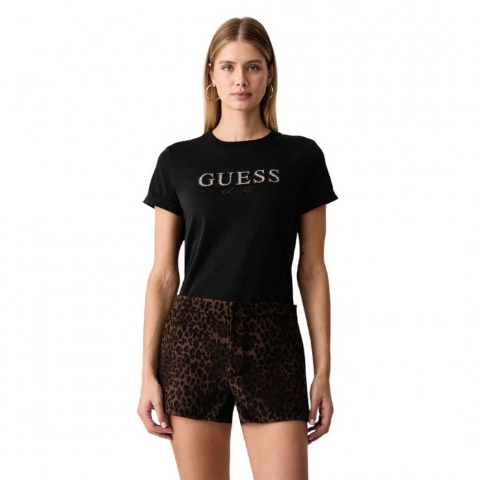 GUESS WOMAN T SHIRT LEOPARD LOGO BLACK