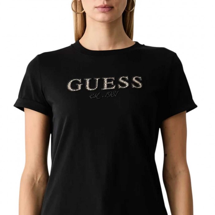 GUESS WOMAN T SHIRT LEOPARD LOGO BLACK