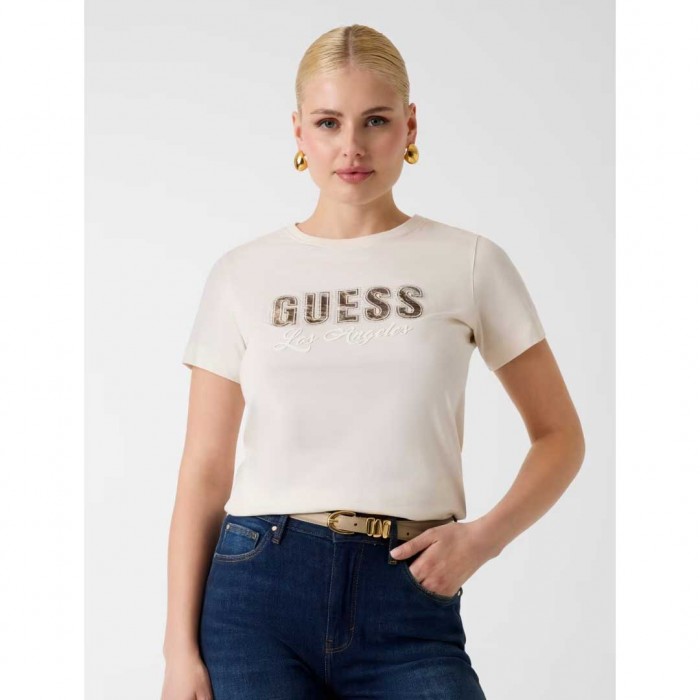 GUESS WOMAN T SHIRT BIG LOGO BEIGE
