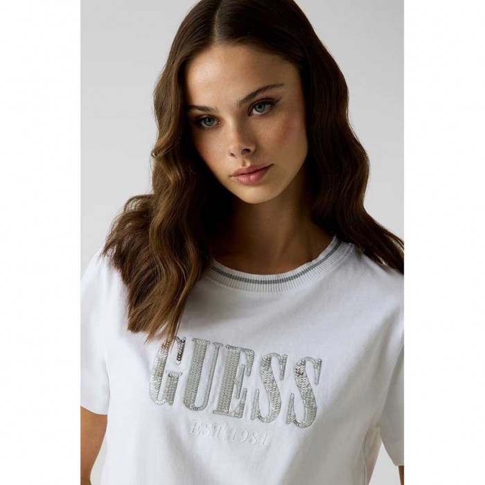 GUESS WOMAN T SHIRT LOGO STRAS WHITE