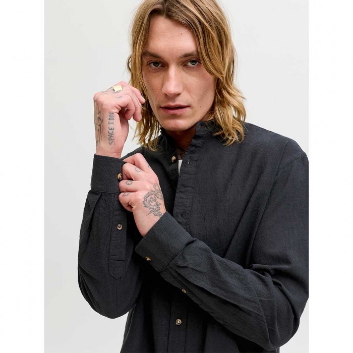 JACK & JONES JJESUMMER LINEN BLEND BAND SHIRT L/S SN BLACK