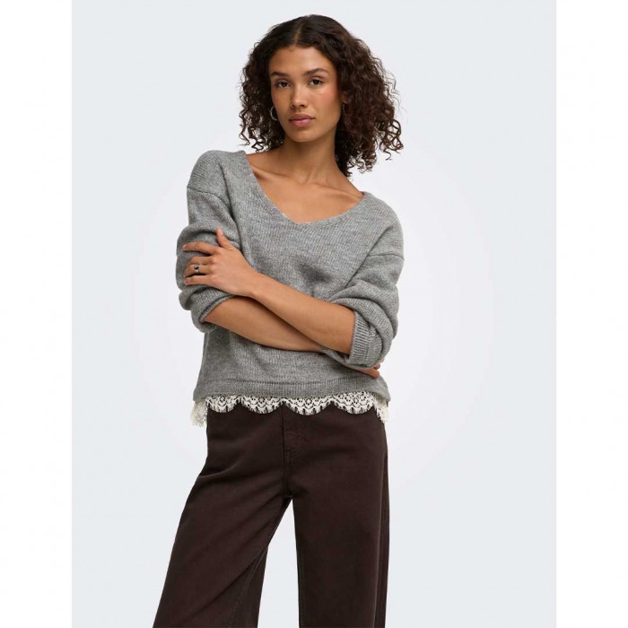 JDY JDYSTEPHANIE L/S V-NECK LACE PULL KNT GRAY
