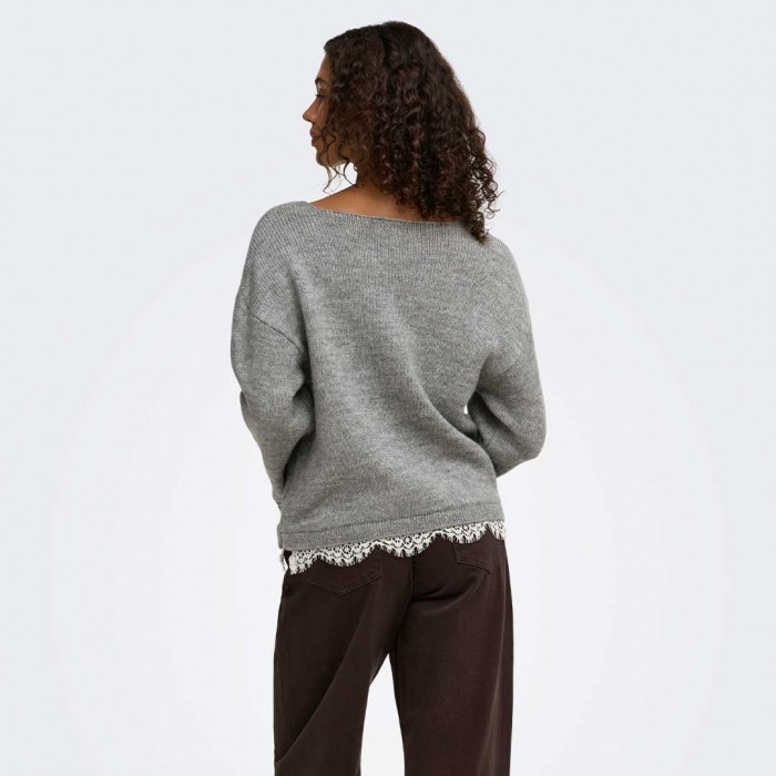 JDY JDYSTEPHANIE L/S V-NECK LACE PULL KNT GRAY