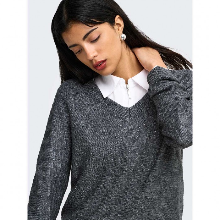 JDY JDYMIA L/S V-NECK SEQUIN PULLOVER KNT GRAY