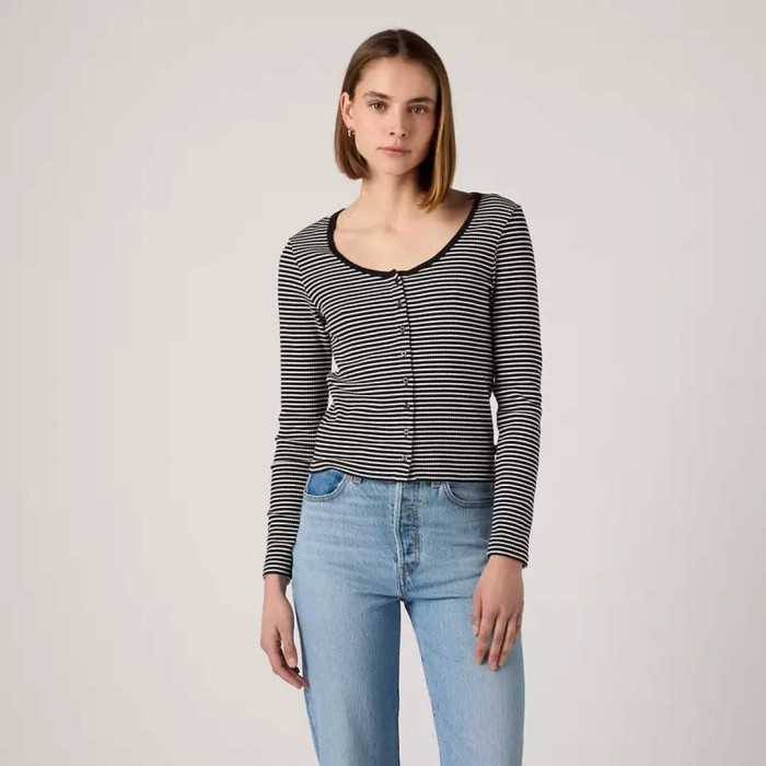 LEVIS WOMAN Austen Button-Up Long-Sleeve Top BLACK/WHITE