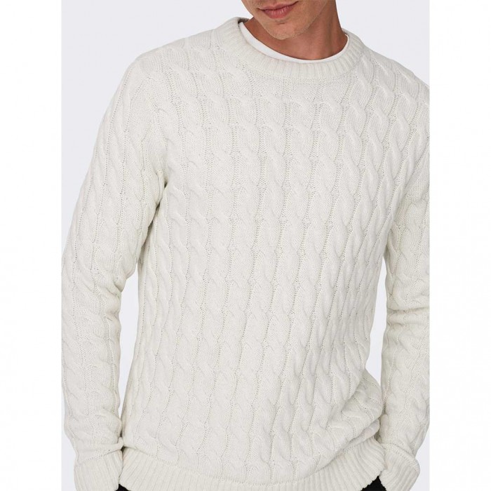 ONLY & SONS ONSKICKER LIFE REG 3 CABLE CREW KNIT WHITE