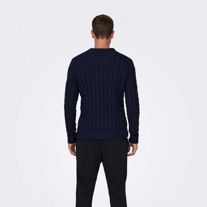 ONLY & SONS  ONSKICKER LIFE REG 3 CABLE CREW KNIT NAVY BLUE