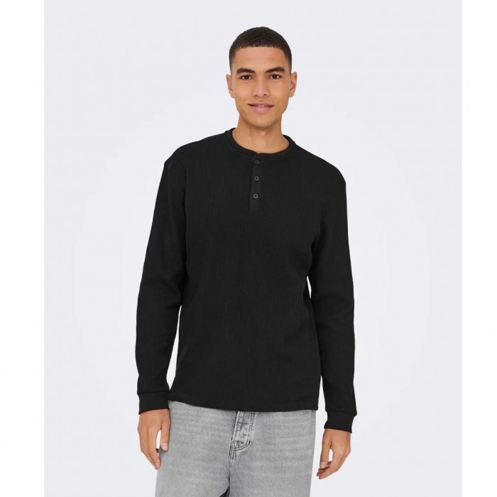 ONLY & SONS ONSTOBIE REG LS HENLEY TEE NOOS BLACK