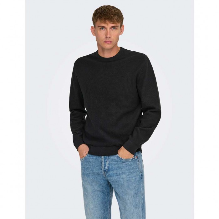ONLY & SONS ONSTONY RLX 12 LS WAFFLE CREW KNIT NOOS BLACK