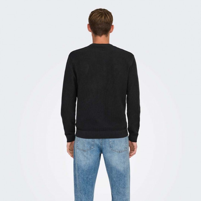 ONLY & SONS ONSTONY RLX 12 LS WAFFLE CREW KNIT NOOS BLACK