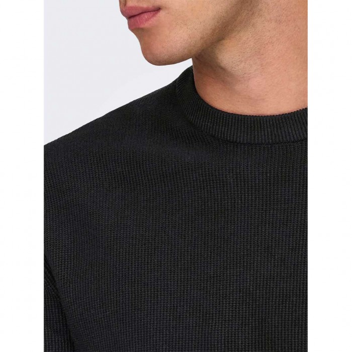 ONLY & SONS ONSTONY RLX 12 LS WAFFLE CREW KNIT NOOS BLACK