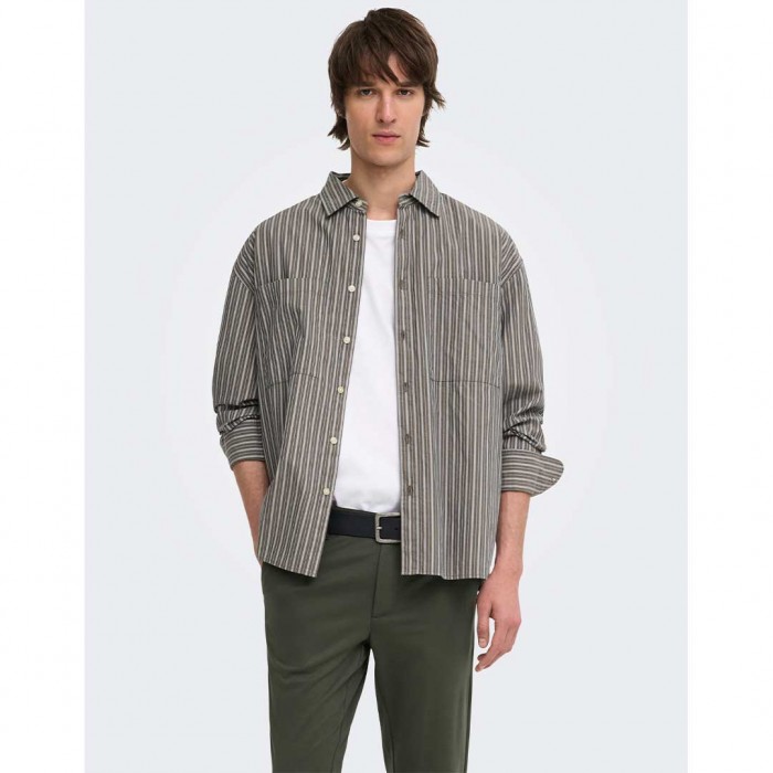 ONLY & SONS ONSTHOMPSON STRIPE LOOSE SHIRT BROWN