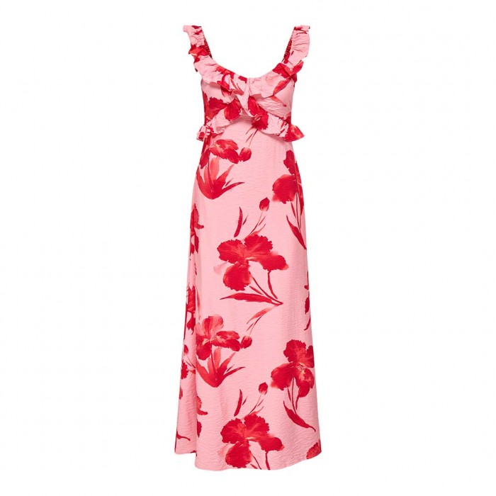 ONLY ONLHYACI S/L FRILL LONG AOP DRESS WVN PINK/ RED