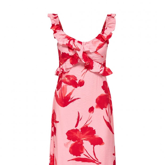 ONLY ONLHYACI S/L FRILL LONG AOP DRESS WVN PINK/ RED