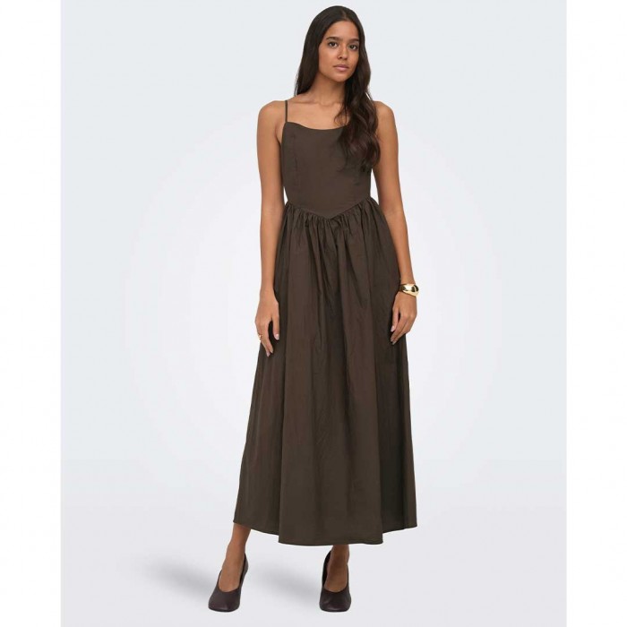 ONLY ONLLIKARA STRAP WAIST LONG DRESS WVN BROWN