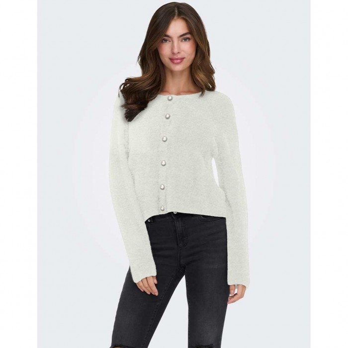 ONLY ONLPETRA LS PEARL O-NECK CARDI CC KNT WHITE
