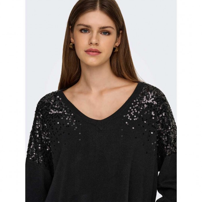 ONLY ONLSTARRY LS SEQUIN BOXY V-NECK KNT BLACK