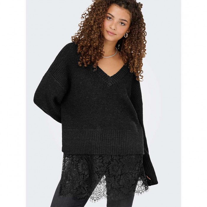ONLY ONLVIVIA LS LIFE V-NECK LACE MIX KNIT BLACK