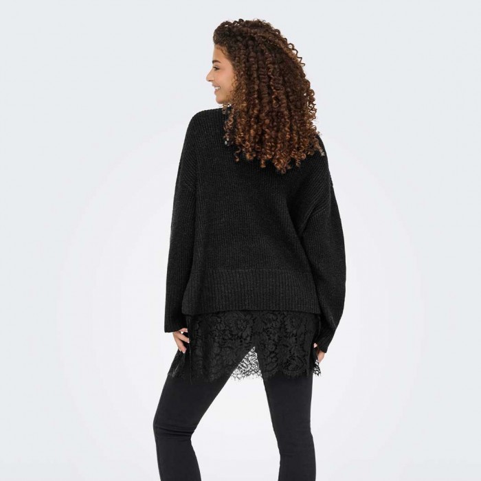 ONLY ONLVIVIA LS LIFE V-NECK LACE MIX KNIT BLACK