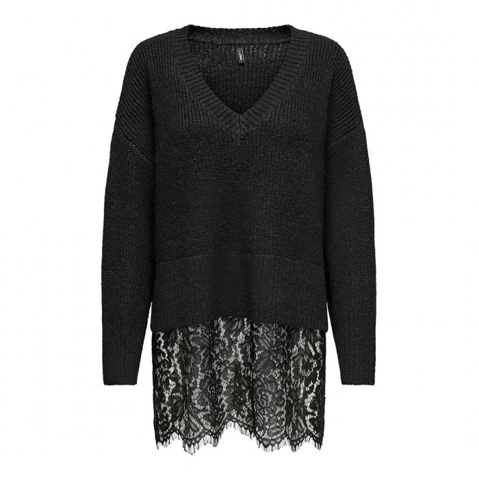 ONLY ONLVIVIA LS LIFE V-NECK LACE MIX KNIT BLACK