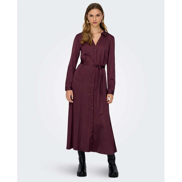 ONLY  ONLMIKA VIS SATIN L/S LONG DRESS WVN BORDO