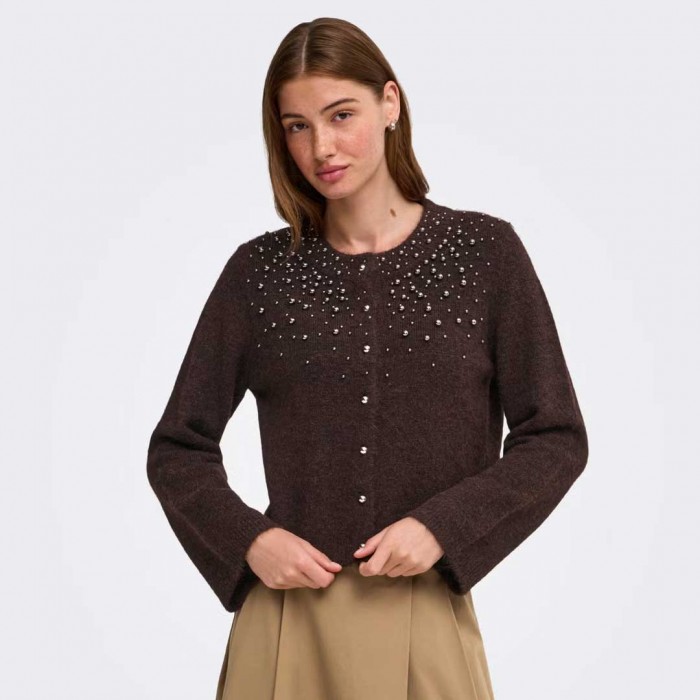 ONLY ONLMIGGIE LS O-NECK PEARL CARDI KNT NOOS BROWN