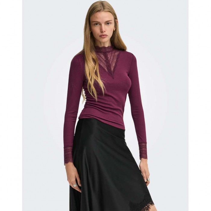 ONLY ONLTILDE L/S HIGH NECK LACE TOP JRS NOOS BORDO