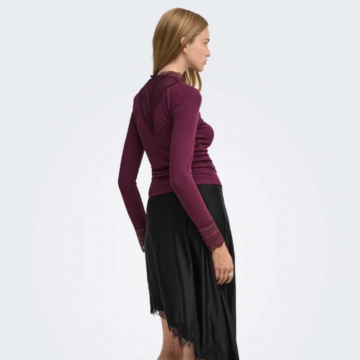 ONLY ONLTILDE L/S HIGH NECK LACE TOP JRS NOOS BORDO
