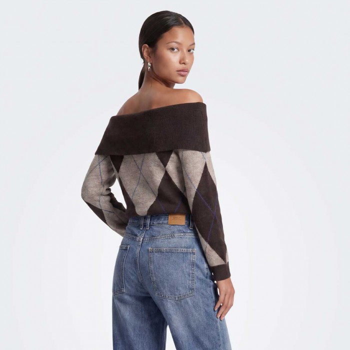 ONLY ONLALIVIA LS OFF SHOULDER KNT BROWN
