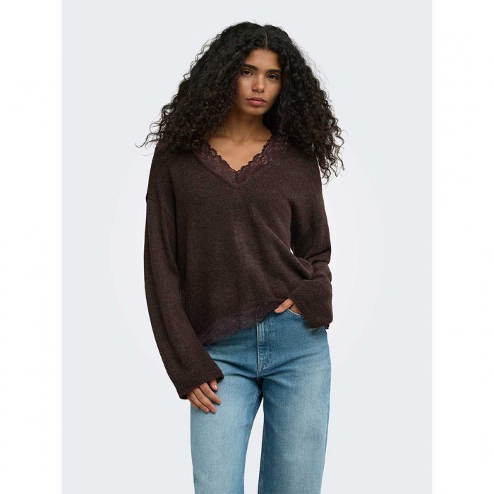 ONLY ONLCLOVER LS LACE V-NECK REVERSIBLE KNT BROWN