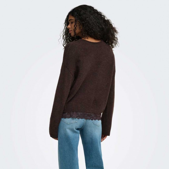 ONLY ONLCLOVER LS LACE V-NECK REVERSIBLE KNT BROWN