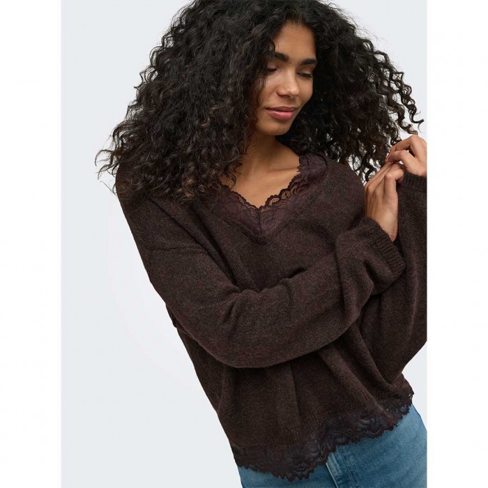 ONLY ONLCLOVER LS LACE V-NECK REVERSIBLE KNT BROWN