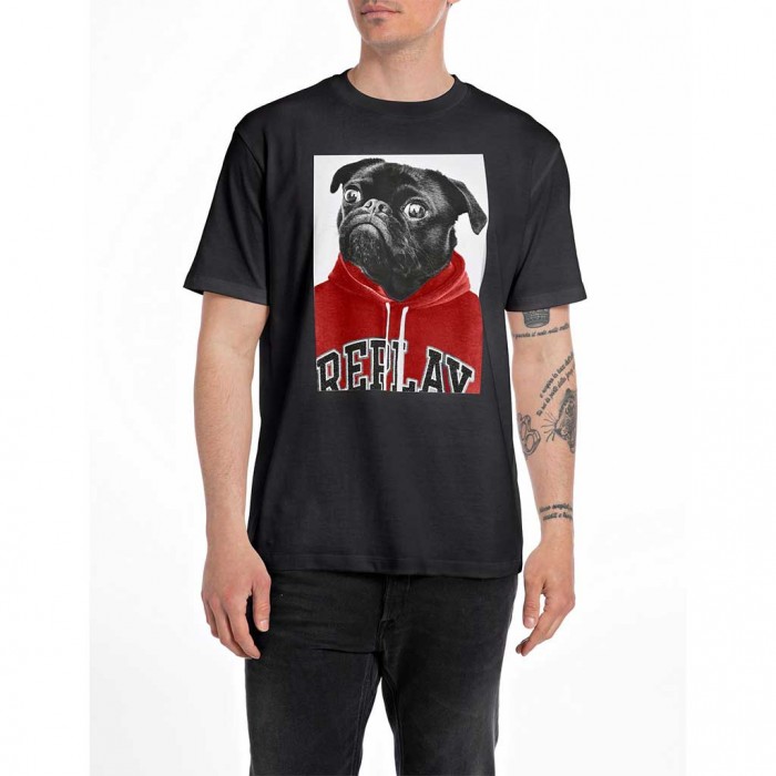 REPLAY T-SHIRT WITH PUG PRINT BLACK