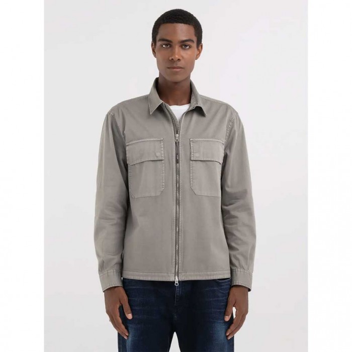 REPLAY FULL ZIPPER SHIRT IN TWILL GREY