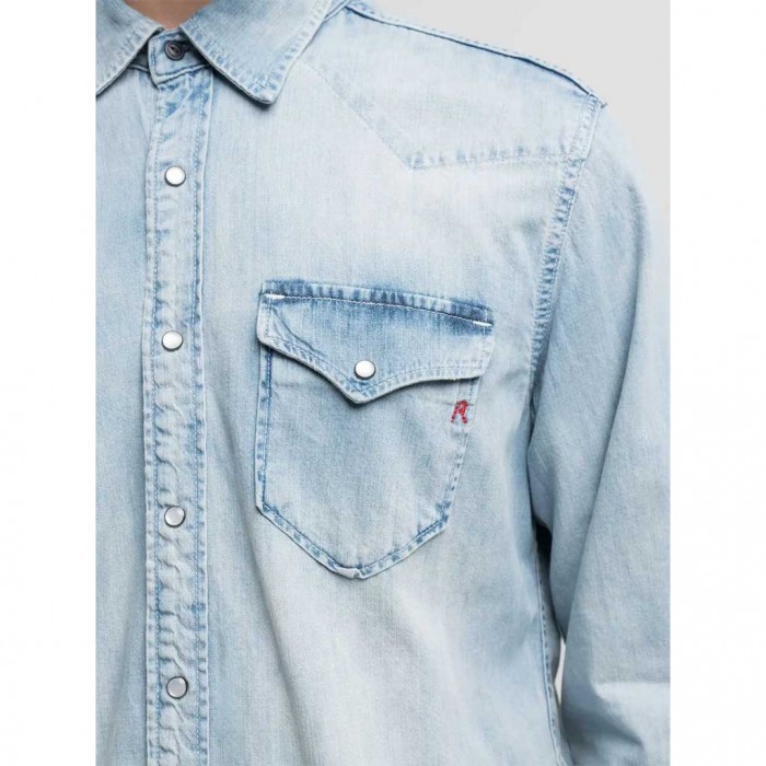 REPLAY WESTERN SHIRT WITH R EMBROIDERY LIGHT BLUE