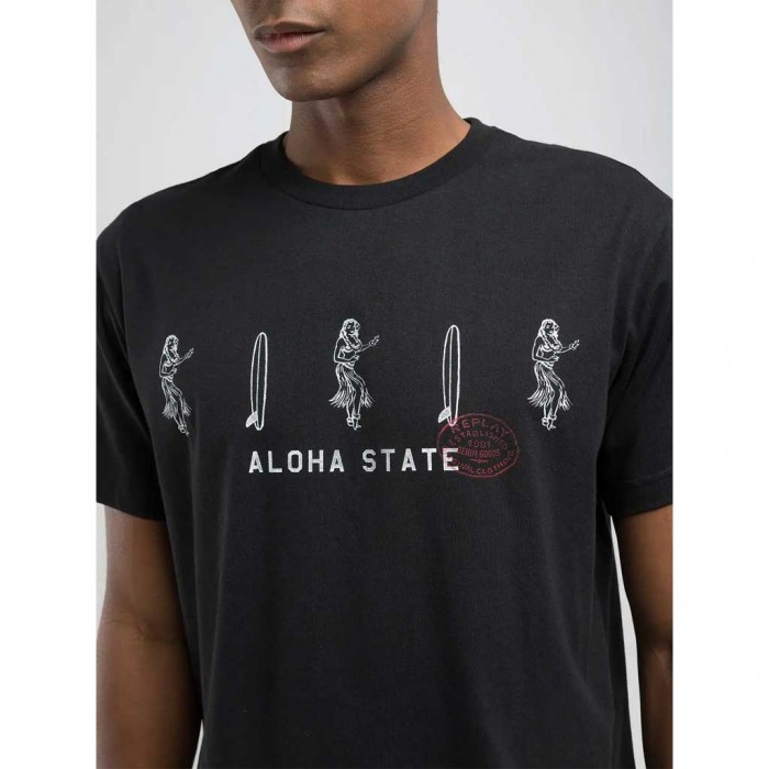 REPLAY T-SHIRT WITH ALOHA STATE PRINT BLACK