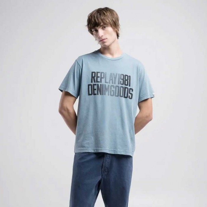 REPLAY COTTON T-SHIRT WITH LETTERING PRINT LIGHT BLUE