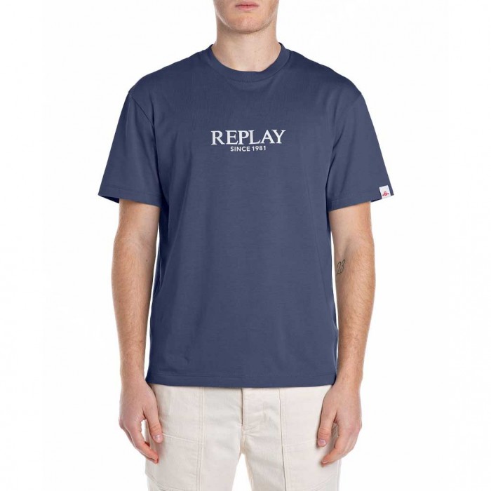 REPLAY RELAXED-FIT T-SHIRT WITH LETTERING PRINT BLUE