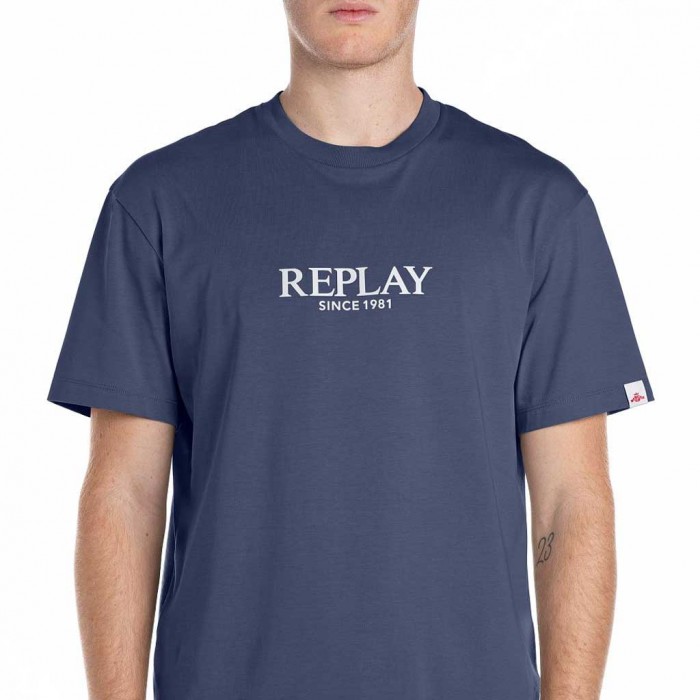 REPLAY RELAXED-FIT T-SHIRT WITH LETTERING PRINT BLUE