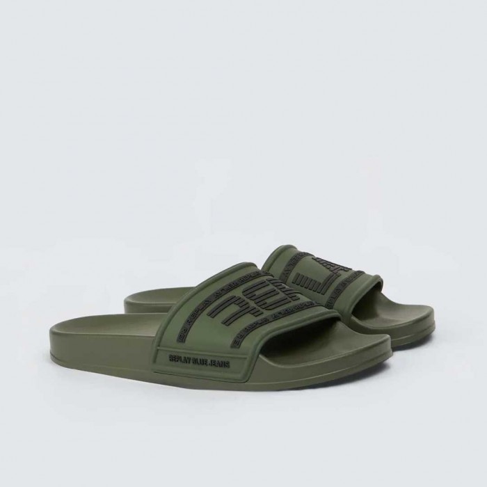 REPLAY UP GRAVEN 2 BRANDED SLIDERS GREEN