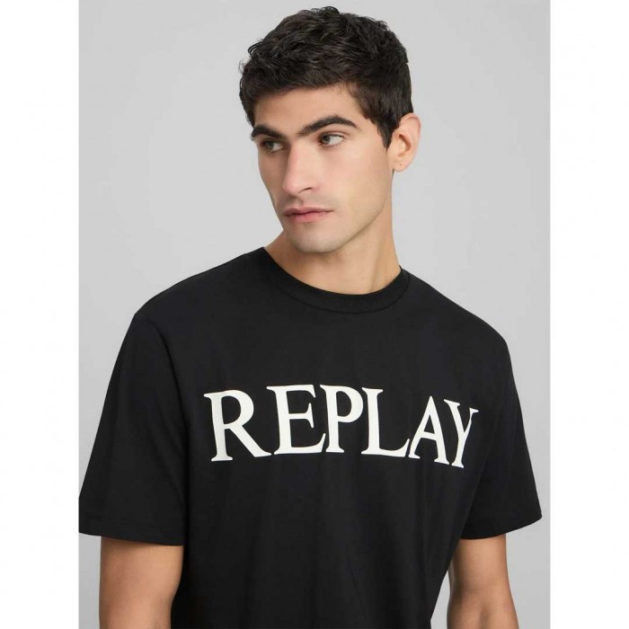 REPLAY JERSEY T-SHIRT WITH LOGO PRINT BLACK