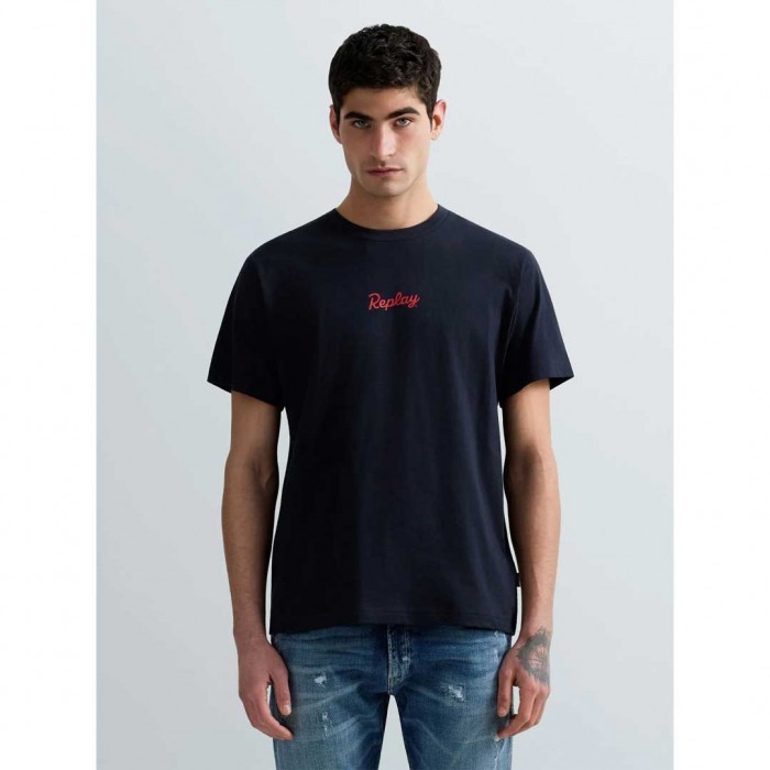 REPLAY T-SHIRT WITH LOGO PRINT FRONT AND BACK BLUE