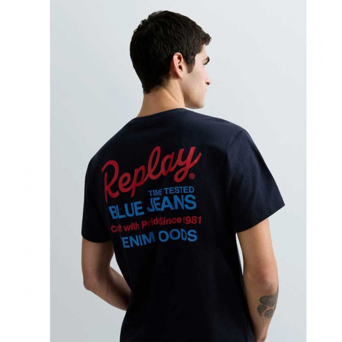 REPLAY T-SHIRT WITH LOGO PRINT FRONT AND BACK BLUE