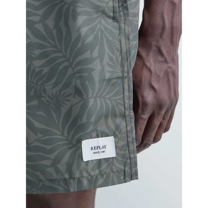 REPLAY RECYCLED FABRIC SWIM SHORTS WITH LEAF PRINT GREEN
