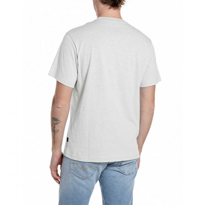REPLAY LINEN AND COTTON T-SHIRT WITH LETTERING ECRU