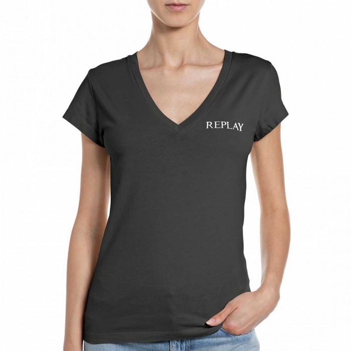 REPLAY JERSEY V-NECK T-SHIRT WITH LOGO BLACK/GREY